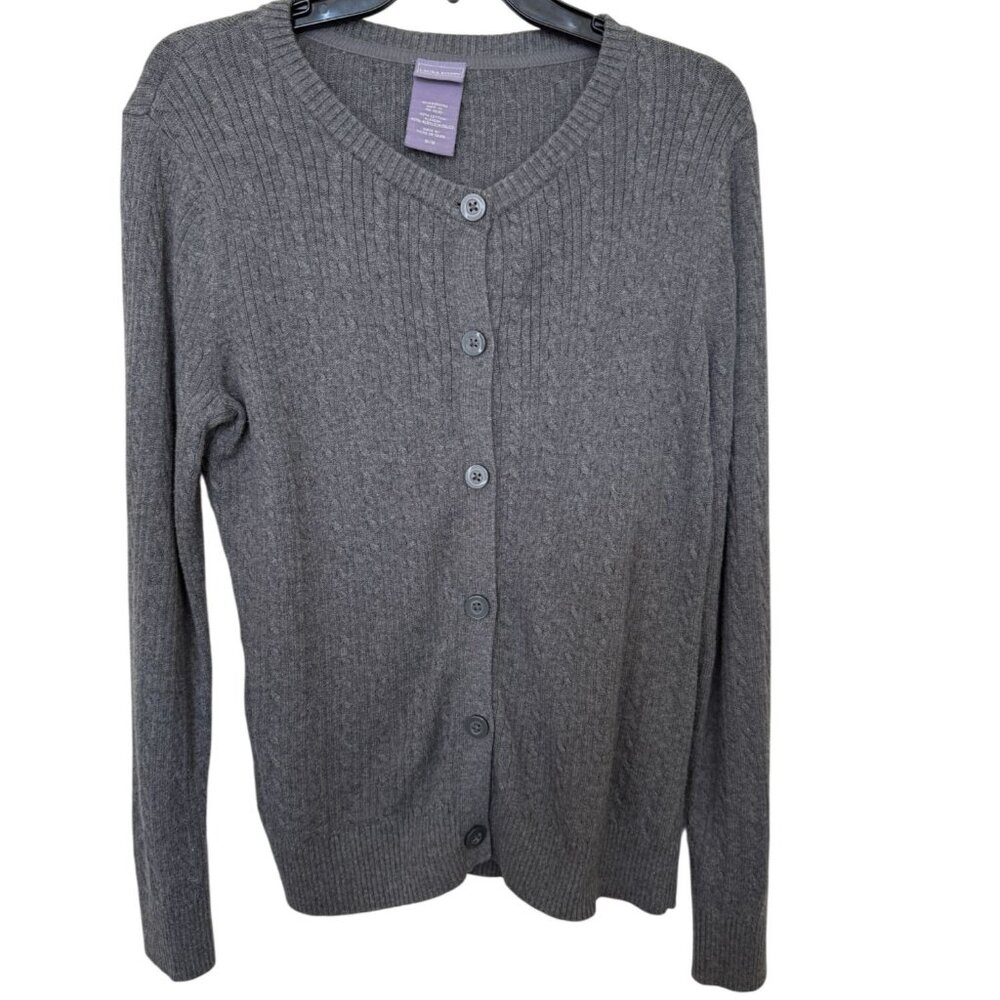 Laura Scott Gray Button Front Cable Cardigan Sweater M Academia Preppy, Office